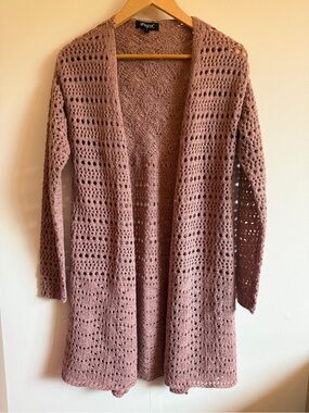 Dusty Rose Long Cardigan Open Knit Lightweight Layering Sweater